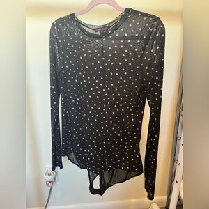 Black Mesh Long Sleeve Bodysuit with Gold Stars XL